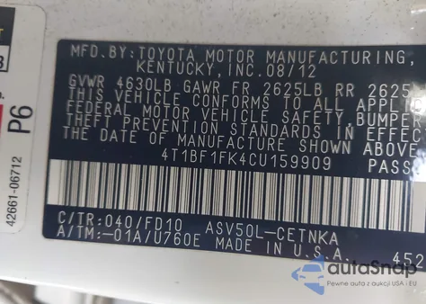 2012 Toyota Camry Le z USA, uszkodzony, nr VIN 4T1BF1FK4CU159909